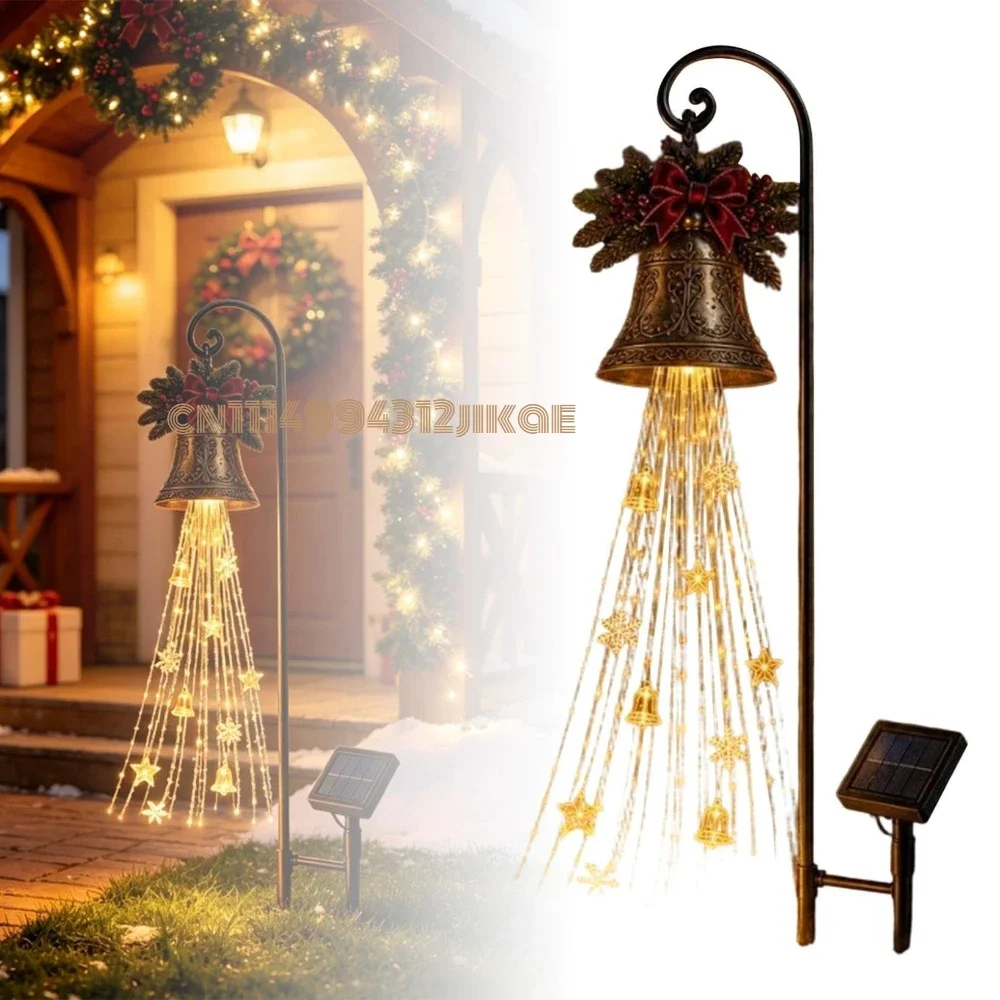 Christmas Bell Cascade Solar Yard Light Warm White LED Flowing Garden Stake with Star Snowflake Ornaments Waterproof Auto On Off
