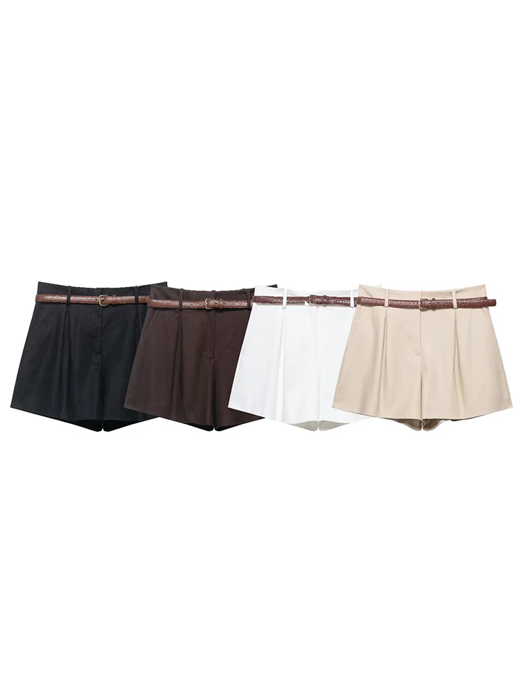 TFMLN Women Summer Casual Shorts Elegant High Waist Straight Short Pants With Belt Spring New Solid Simple Commuting Clothes