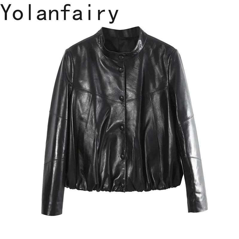 

YOLANFAIRY Genuine Sheepskin Leather Jacket Women Stand Collar Elastic Waist Slim Fit Korean Long Sleeve Short Real Leather Coat