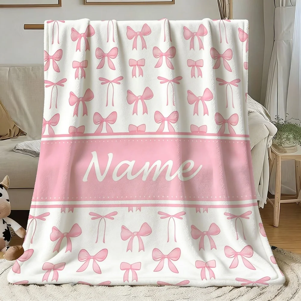 1Pc Personalized Custom Name/Text Pink Bow Pattern Flannel Blanket, Soft and Comfortable,Suitable for Office, Home, Holiday Gift