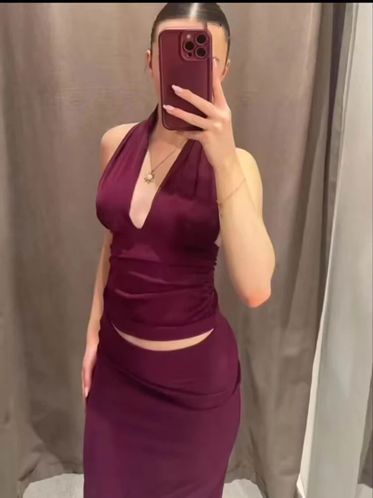 

HH Women's Summer Fashion Pleated Hanging Neck Collar Sleeveless Short Tops+High Street Elastic Waist Midi A-Line Skirt Suit