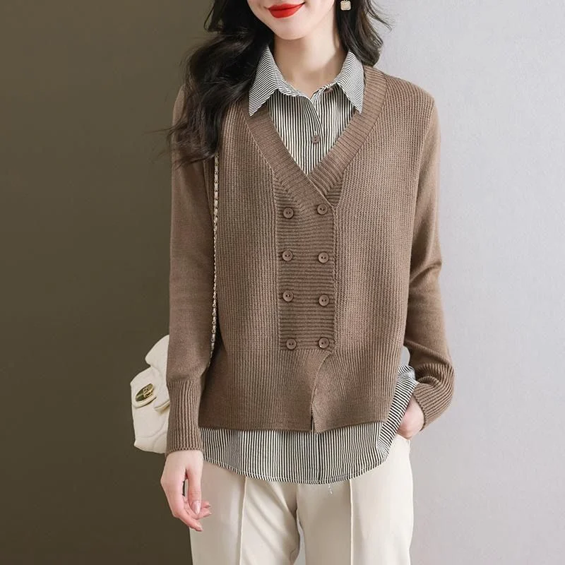 Fake Two Piece Women's Clothing Spring Autumn New Style Knitted Sweater Paneled Casual Fashion Versatile Stylish Slimming Top