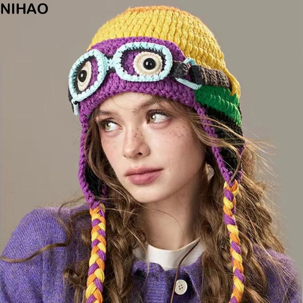 Windproof Winter Pilot Hat With Goggles Crocheted Color-Blocked Knitted Beanie Ear Protection Beanie Earflap Cap Autumn Winter