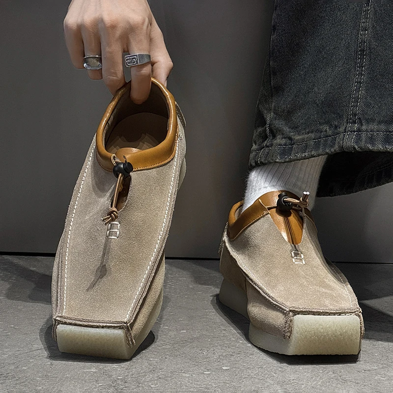New Men Retro Square Toe Lazy Shoes with Suede Patchwork Drawstring Niche Design Relaxed Feeling Daily Commuting Casual Shoes