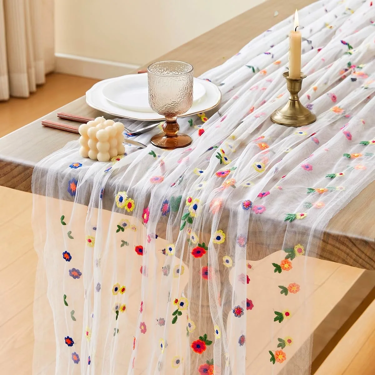 Embroidery Cheesecloth Table Runner Daisy Gauze Design Cheesecloth Table Runners Table Runner for Wedding Baby Shower Party