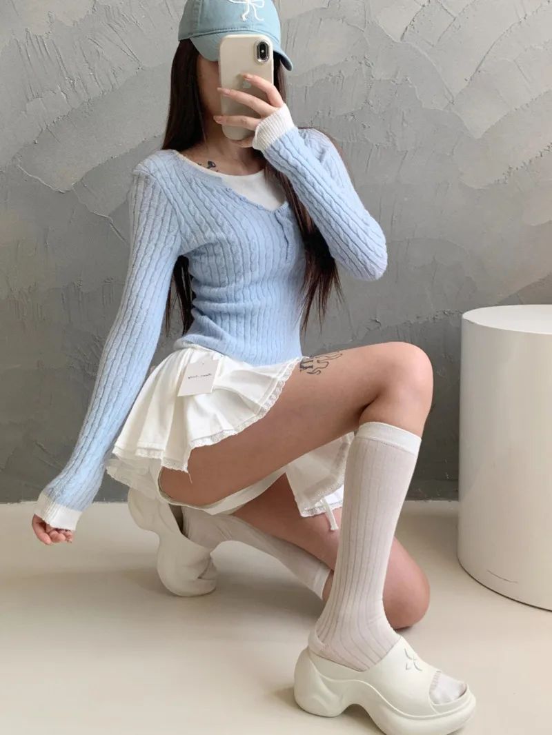 Niche Design Color Contrast Fried Dough Twists Long Sleeve Knitted Sweater Women Autumn Slim Short Fake Two-piece Tops  6DRO