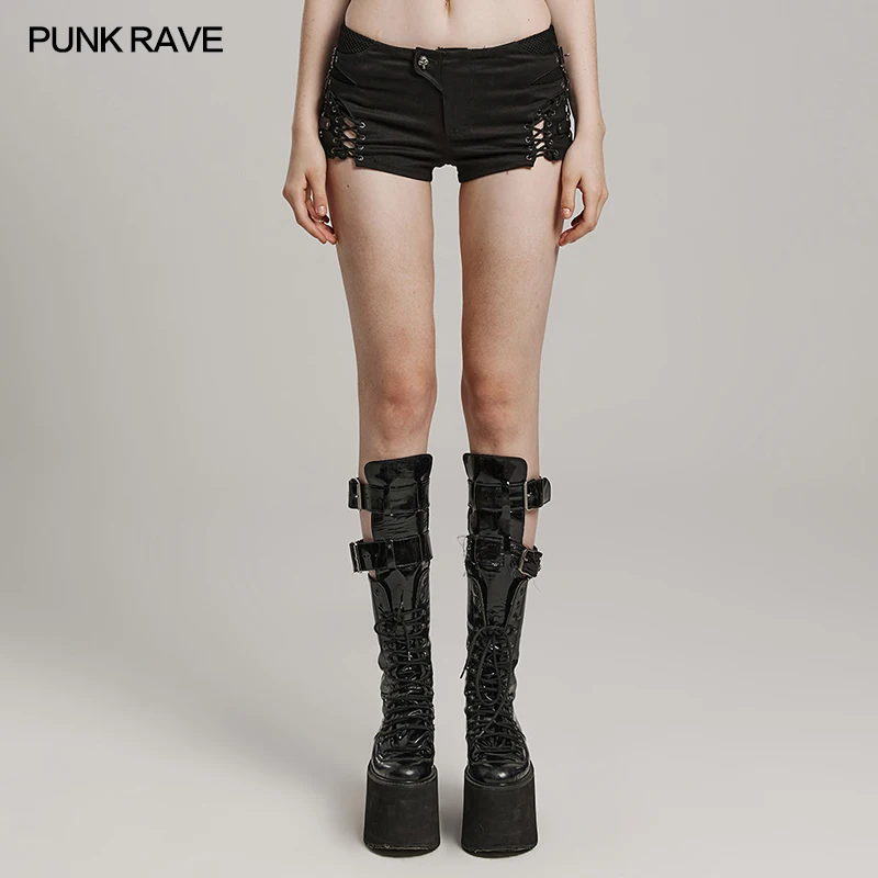 PUNK RAVE Women Punk Black Low Waist Shorts Side Lace Up Cut Out Slim Fit Gothic Mini Hot Pants Streetwear WK616