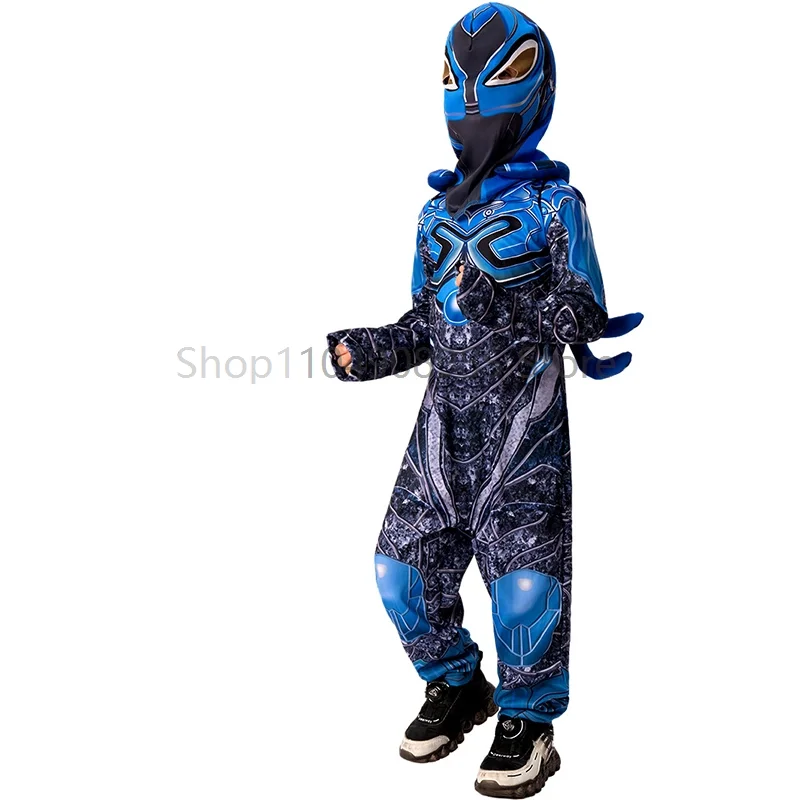 

2025 Boy Superhero Uniform Halloween Fancy Dress Up Children Blue Beetle Costume Jumpsuit Mask Backpack Set