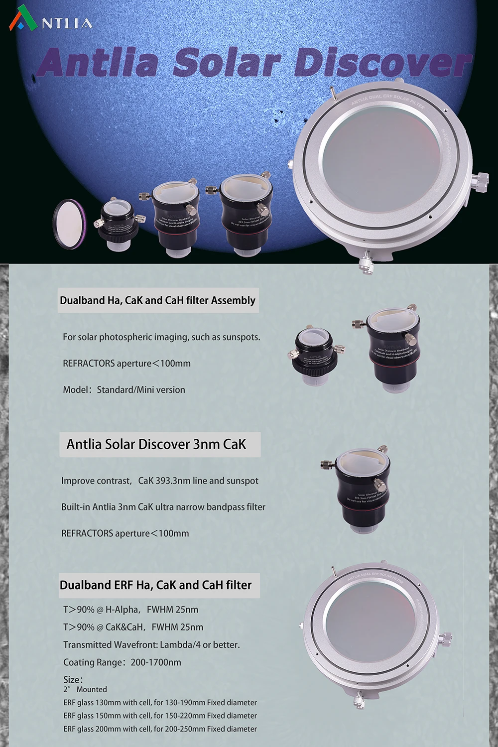 Antlia 2024 2-inch Thickened 3mm Quartz Substrate Erf Dual Channel ERF Ha&CaK/CaH Filter for Astronomical Observing