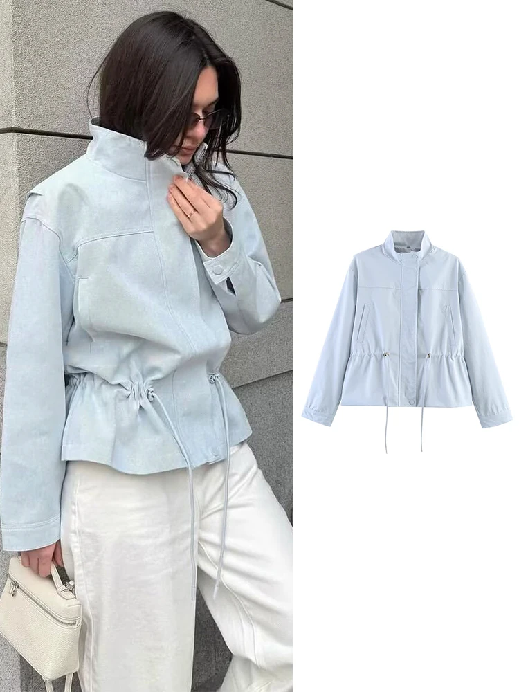 

TFMLN Women High Neck Drawstring Jacket Long Sleeve Cropped Coat 2026 Spring Casual Outerwear Versatile Minimalist Female Coat