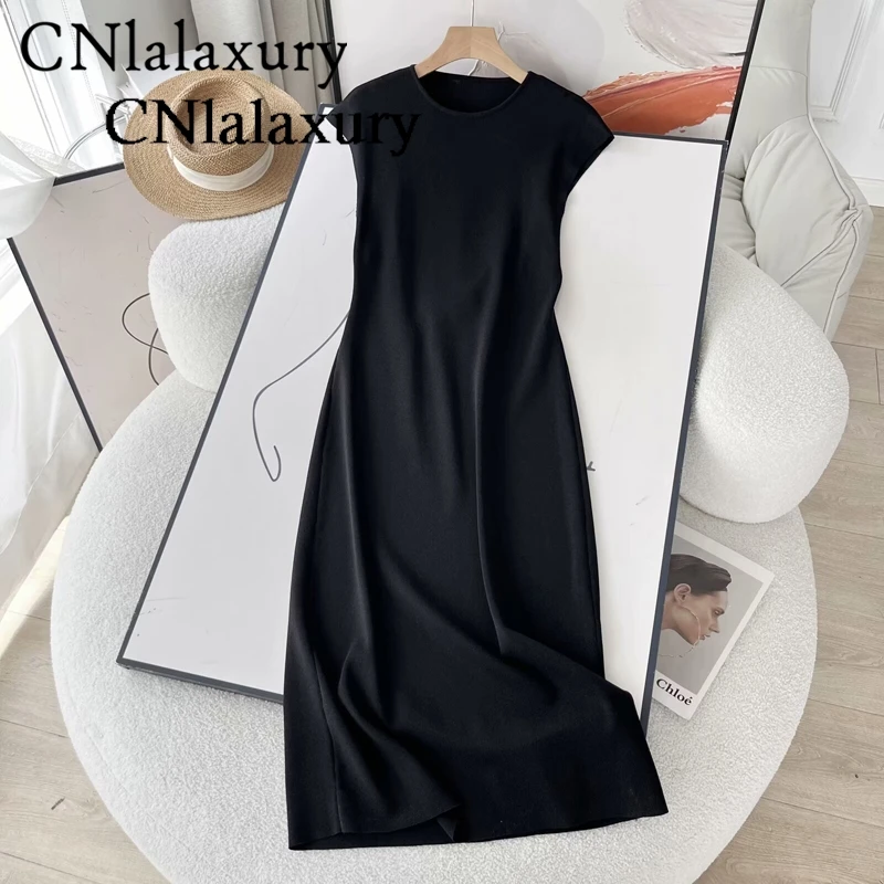 CNlaalxury Women 2024 Spring Summer New Fashion Knitted Dress Chic Round Neck Slim Sleeveless Casual Robe Dress Vestidos Mujer