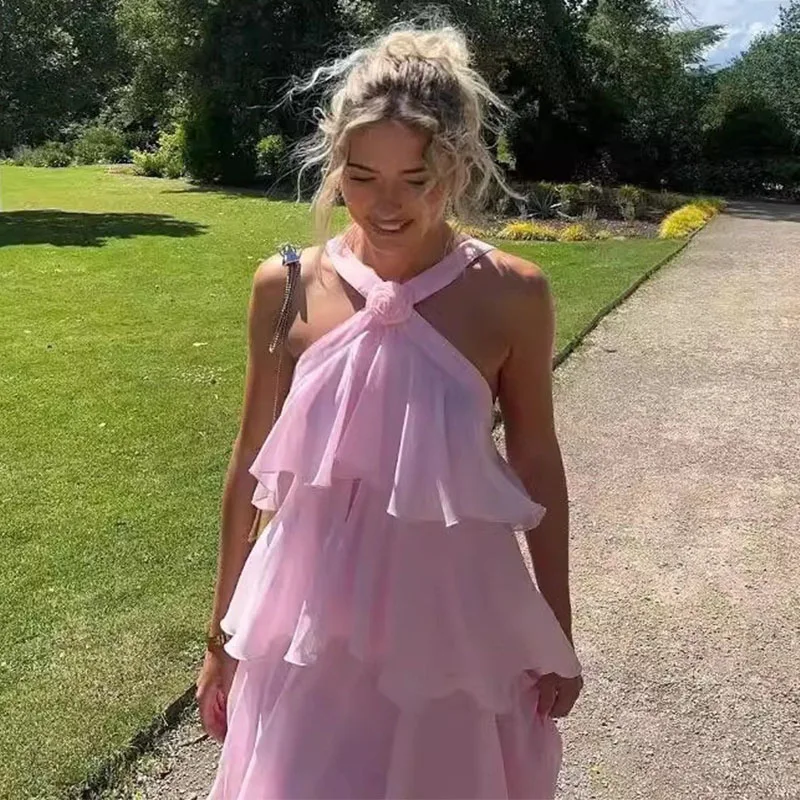 ผู้หญิง Ruffles Layered ฤดูร้อนหญิงชีฟองหรูหราแขนกุดปุยชุดยาวสีทึบ Lady Beach Robes