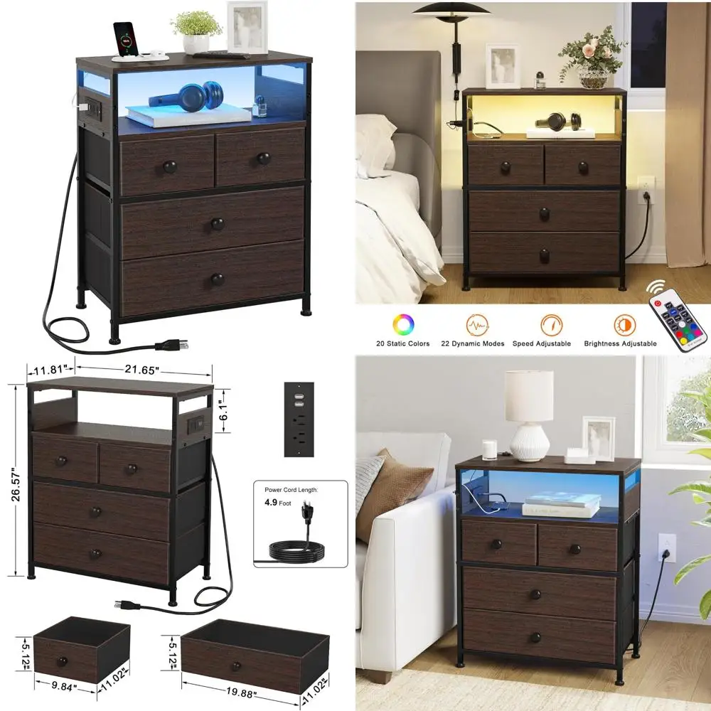 

"contemporary 4-drawer nightstand with 2-tier shelf and charging station for bedroom"