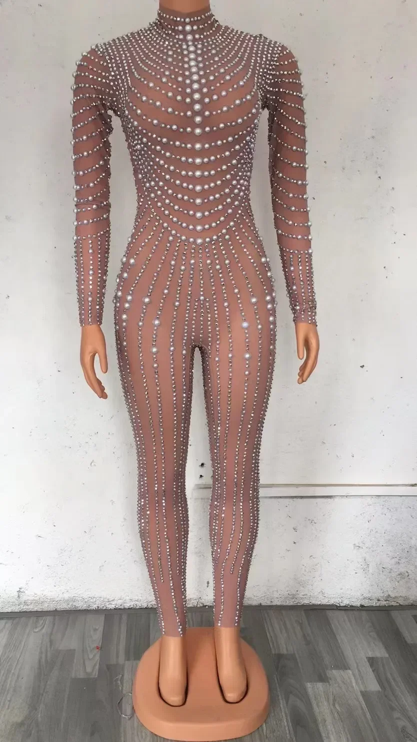 Bright Pearls Crystals Mesh Jumpsuits Sexy Rhinestones Perspective Bodysuit Stage Dance Wear Celebrate Shining Costume YOUDU