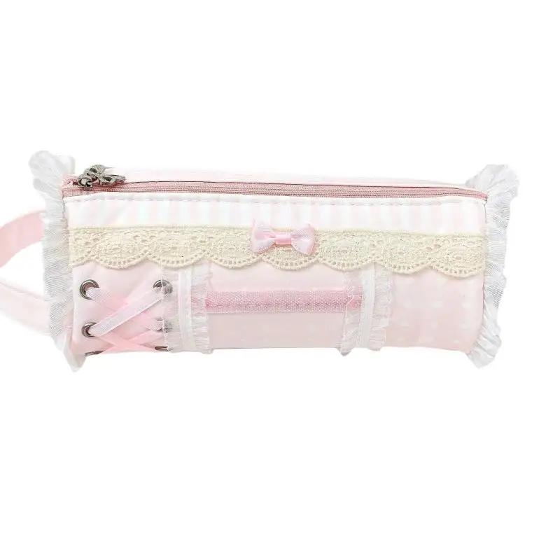 Rosa Mädchen-Stiftetui mit süßer Spitze, großes Fassungsvermögen, Schreibtisch-Organizer, Stifttasche, süße Mädchen-Make-up-Tasche, Geschenk, 1 Stück – Detail 7