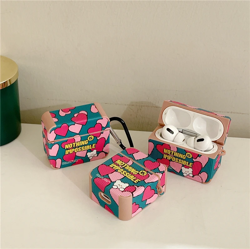 イン韓国落書き愛ハートイヤホンapple airpods 1 2 3プロ正方形ワイヤレスbluetoothヘッドセット革ケースcoque