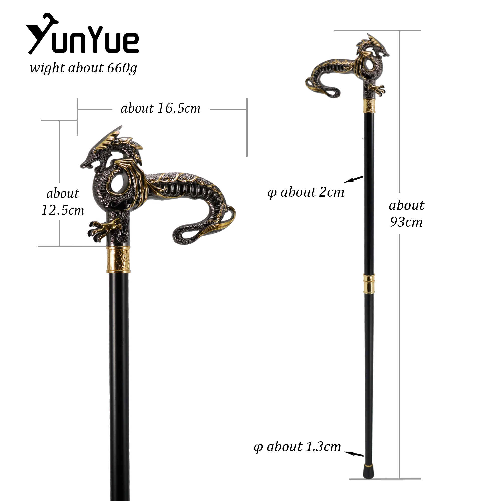 Black Gold Luxury Dragon Handle Fashion Walking Stick for Party Man Elegant Vintage Hand Cane Lady Dress Walking Cane Knob 93CM