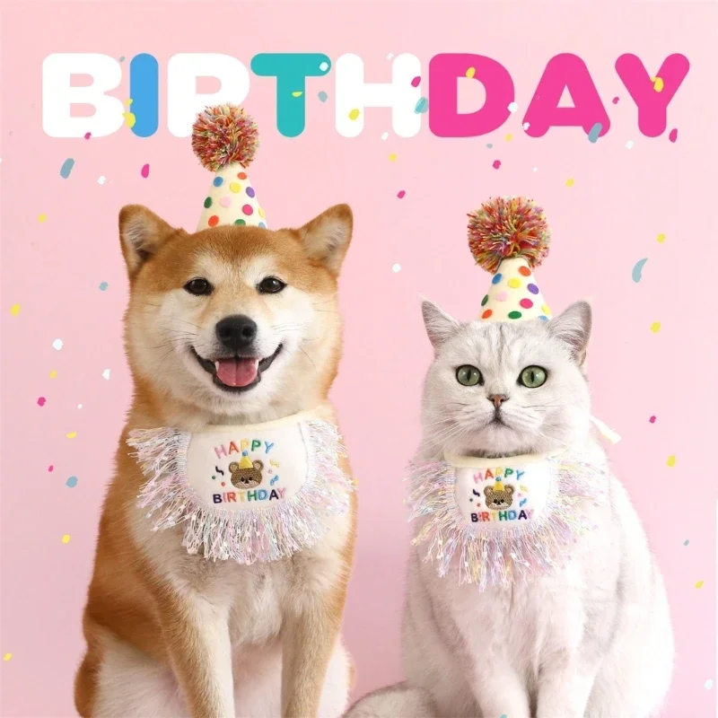 Pack of 2 Dogs Cats Birthday Hat with Sequins Tassels Bib Practical Dogs Masquerades Colorful Hat&Bib for Carnivals