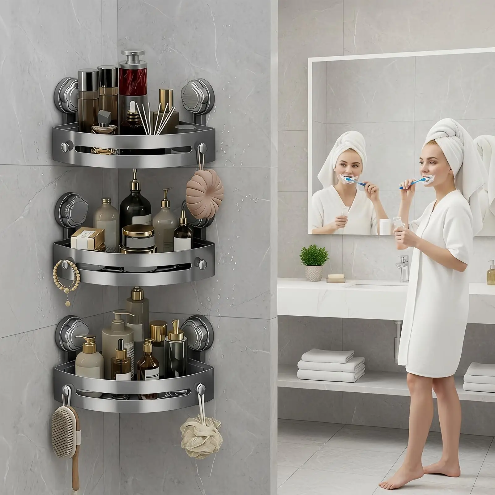 

Угловая полка для душа, 3-уровневая треугольная полка без сверла на присоске с крючками, 40 фунтов, органайзер для ванны для мыла, полотенец для мытья тела