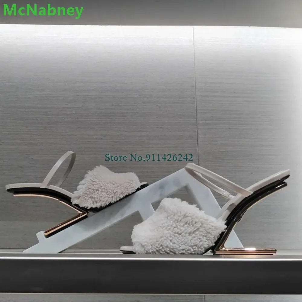 

Metal Strap Heel Hairy Leather Fabric Slippers For Women 2025 Handmade Luxury Deisgner Slip-on Peep Toe Fashion Sexy Party Shoes