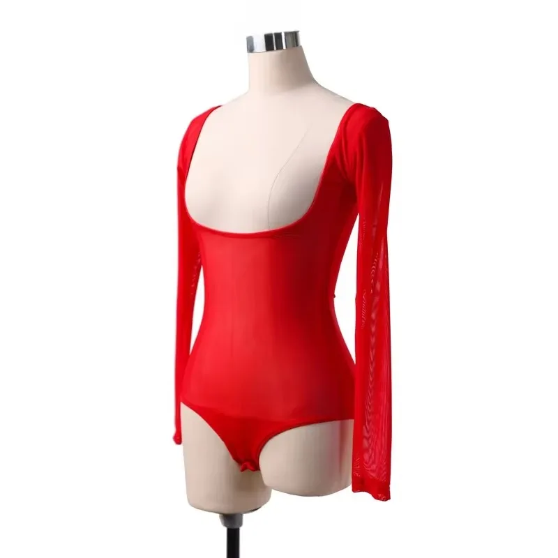 Women Belly Dance Bodysuit Sexy Bust Mesh Sheer Leotard Lady Dance Tops Long Sleeves