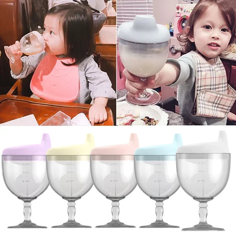 Botella de aprendizaje para bebé de 150ML, novedad, taza para sorber con forma de copa de vino con tapa, biberón de lactancia para niños, tazas de alimentación infantil