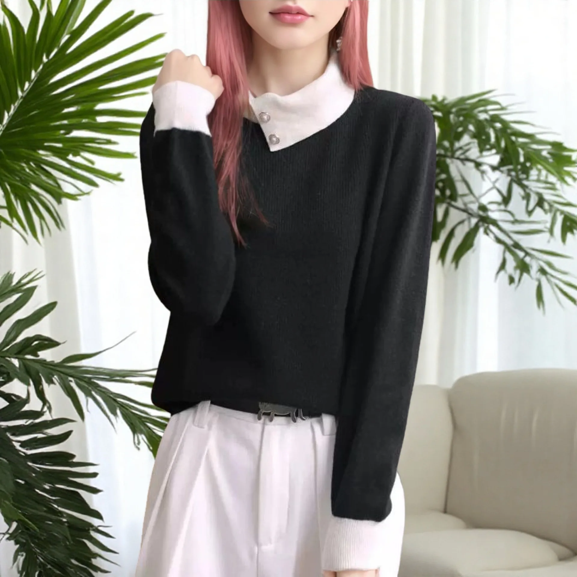 

Ele Collar Oversized Sweater Color Blo Design Knitted Top Women's Faion Autumn Winter Pullover Sweater