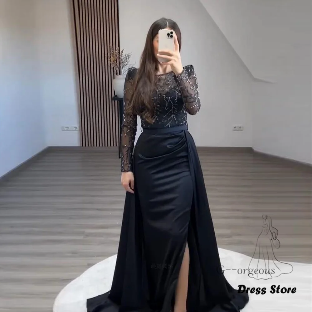 Customized Black Prom Dresses 2025 Women O-Neck Full Sleeves Evening Gowns Dubai Arabia Split Mermaid Elegant Formal Party Dress