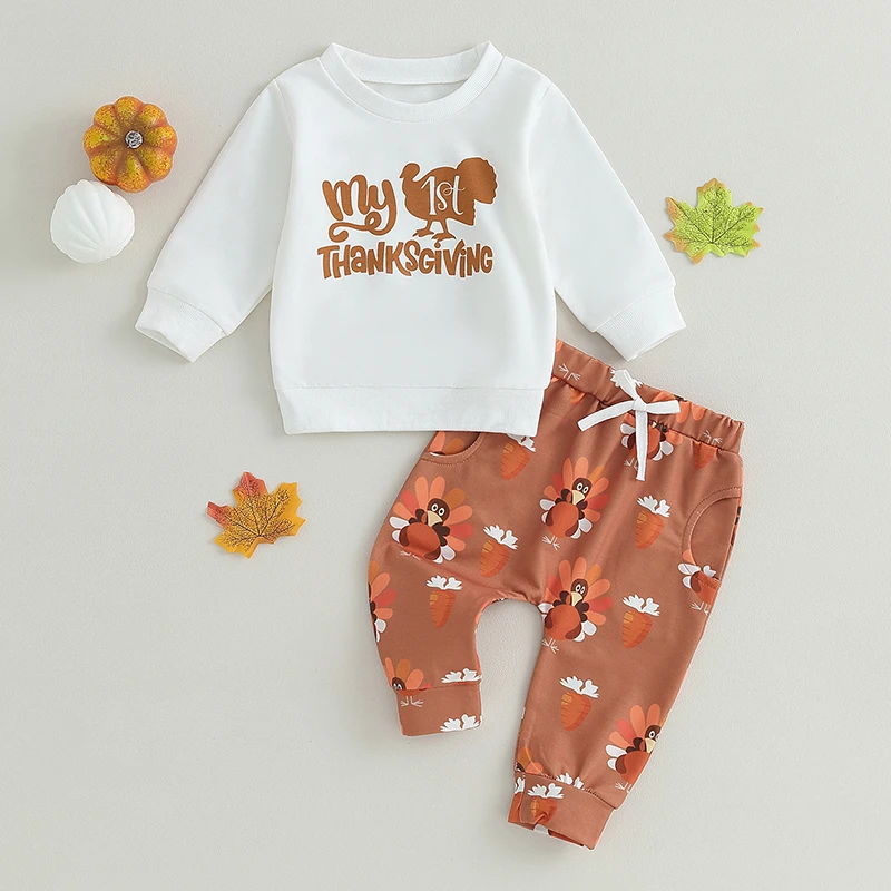 

2023-07-12 Lioraitiin 0-18M Baby Boy Girl 2Pcs Thanksgiving Outfit Letter Turkey Print Long Sleeve Sweatshirt and Pants Set