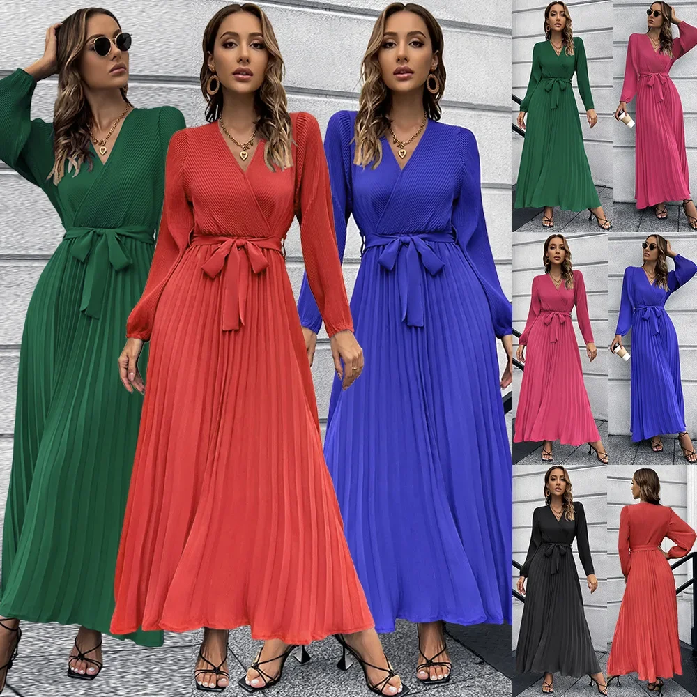 

Women's V Neck Pleated A-line Dress Summer 2023, Long Sleeve Casual Maxi Dress Party Wedding Guest Long Dresses