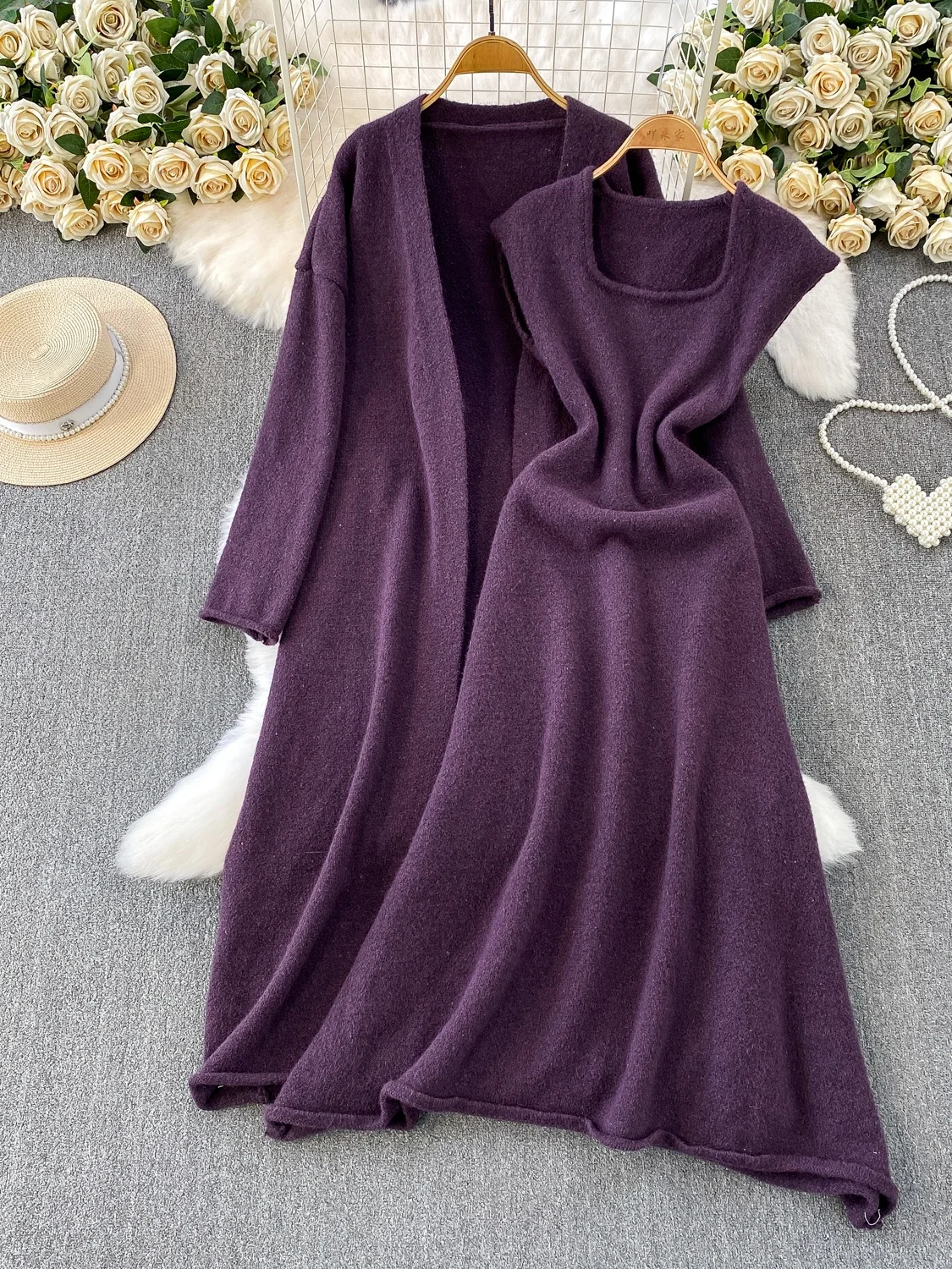 

Женское осенне-зимнее нежное длинное вязаное пальто Dr Set, повседневная ленивая внутренняя одежда с высокой талией, свободный крой, ансамбль Faion