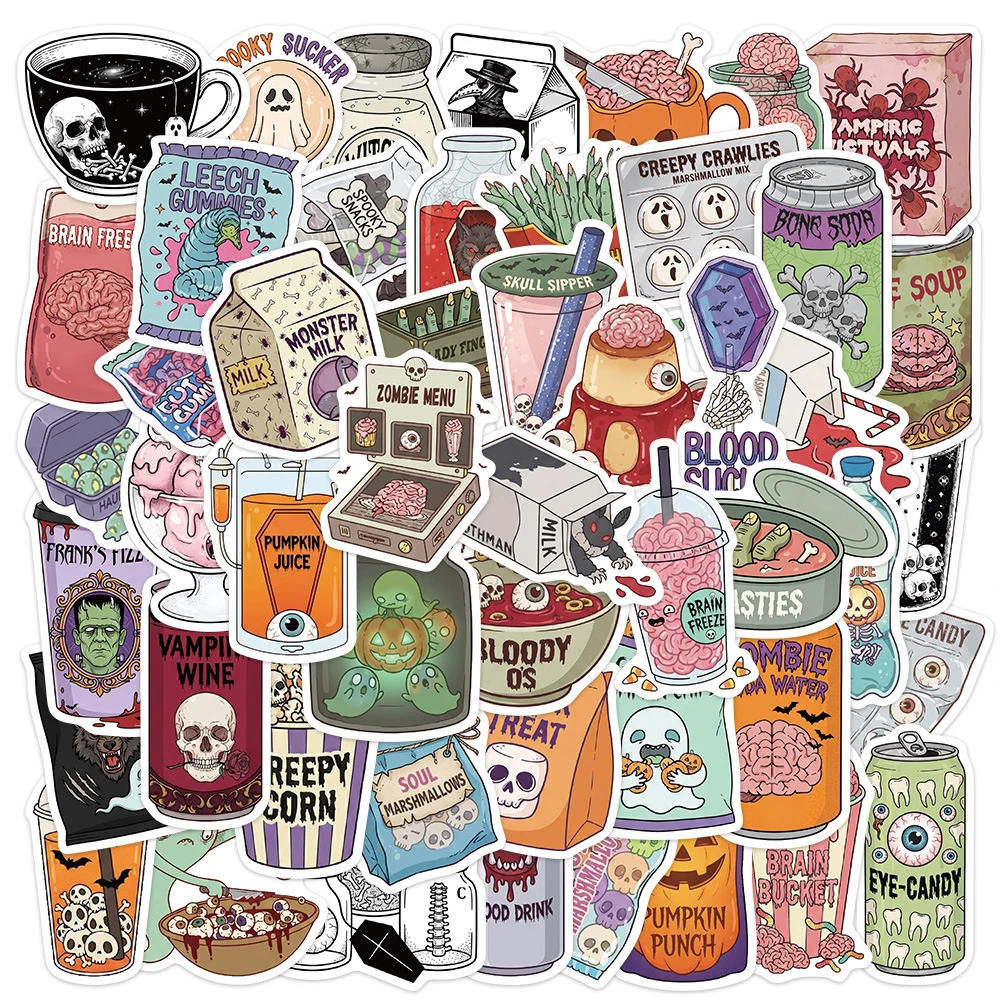 10/30/50pcs Cartoon Retro Horror Snack Drink Jar Stickers Cool Halloween Gothic Decals DIY Water Bottle Phone Notebook Sticker