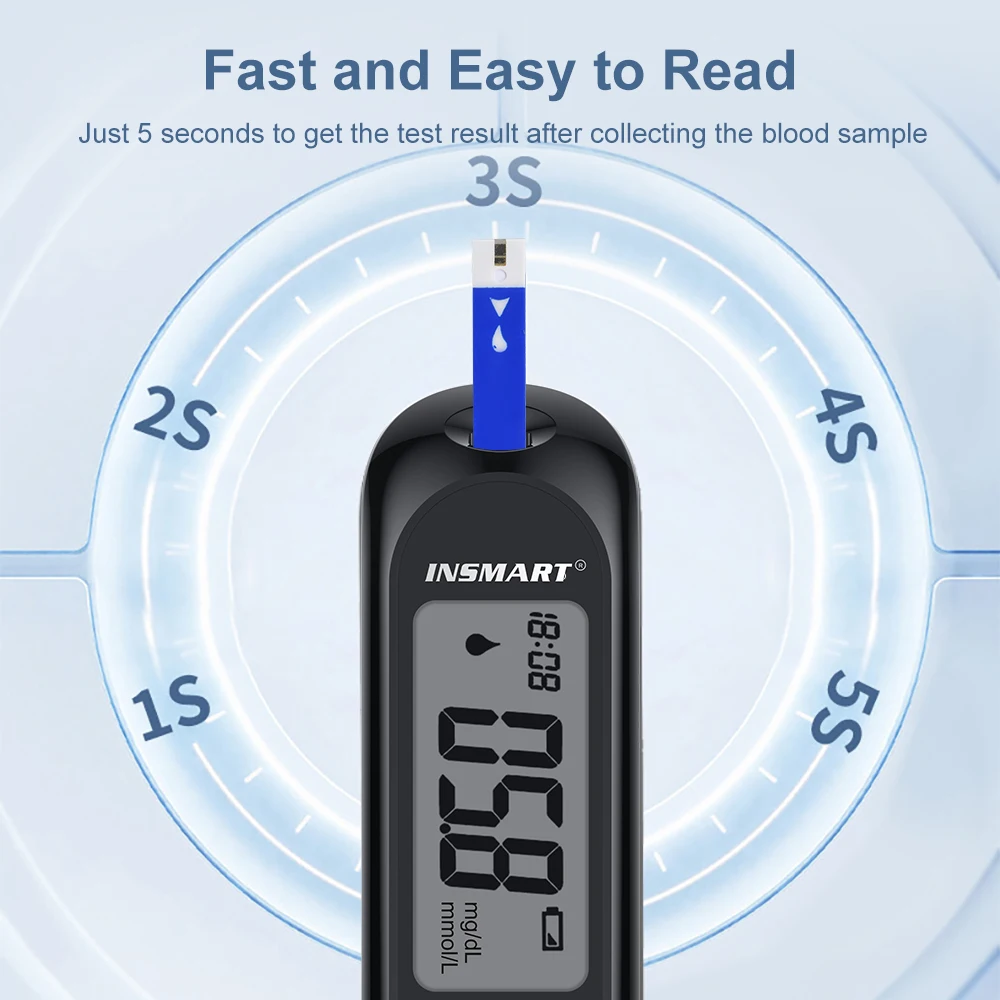 INSMART Medidor de glicose no sangue Kit de teste de diabetes 50 Tira de teste de glicose no sangue Kit de glicosímetro Monitor de açúcar no sangue