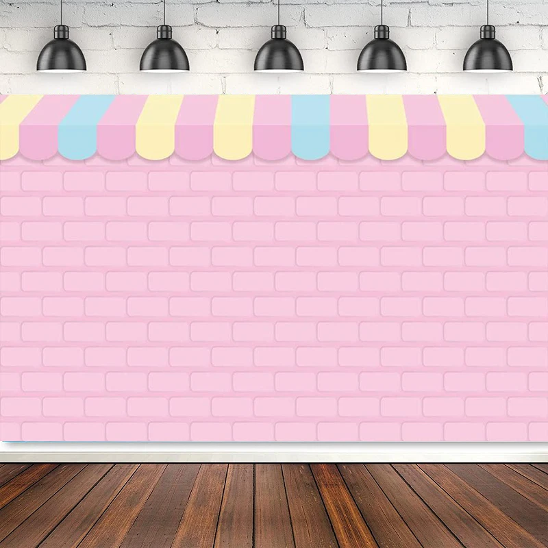 خلفية للتصوير الفوتوغرافي لمتجر الآيس كريم من الطوب الوردي لحفلات أعياد الميلاد وحفلات استقبال المولود الجديد وخلفية لطاولة الكيك #1