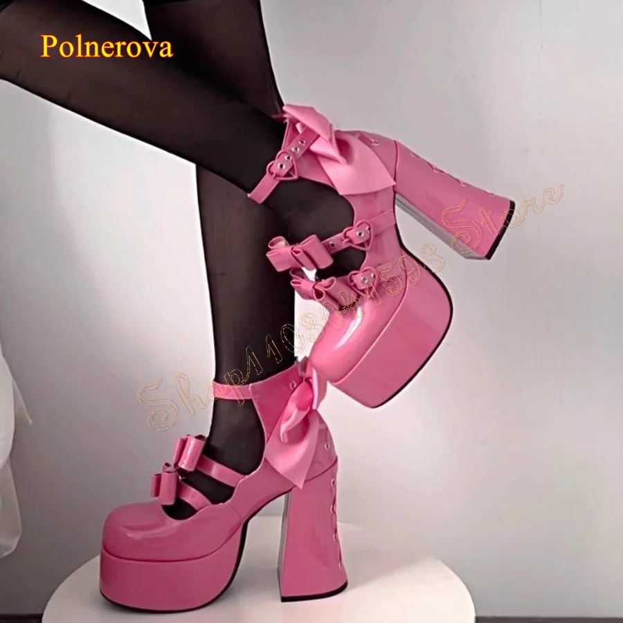 Cute Bow Leather High heel Shoes,Thick Sole Round Toe Pumps Thick Heel Strap Women Shoes Plus Size 2024 New Zapatos Para Mujere