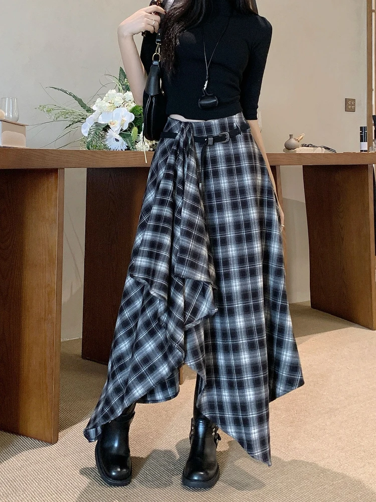 

Vintage Plaid Woolen Midi Skirt Women Y2K Harajuku Belt High Quality Skirts Winter Gyaru Grunge Korean Design Long Faldas 2025