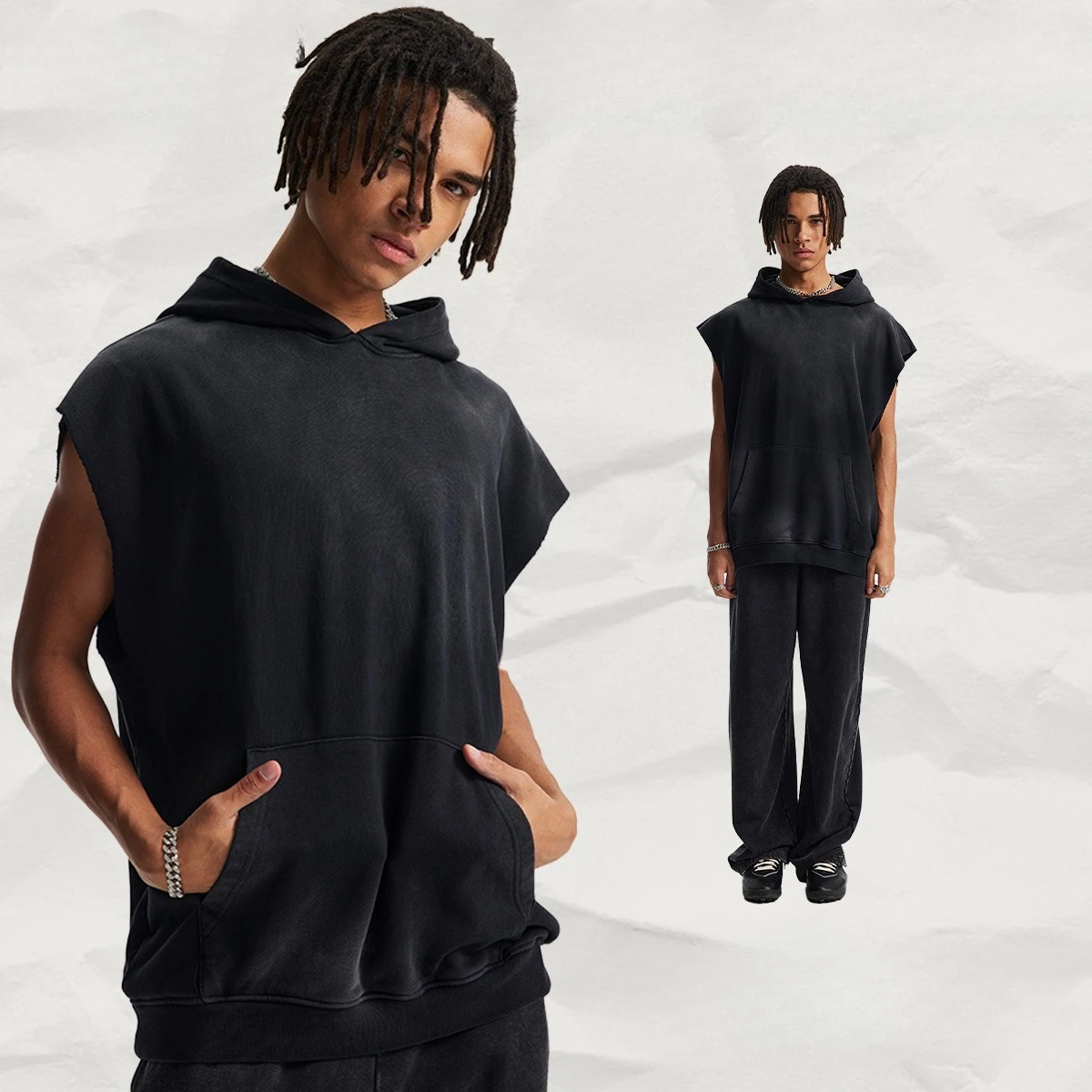 Custom LOGO Men's  2025 Spring and Summer 380G Heavy 100% Cotton New Sleeveless Loose Edge Spray Dyeing Old Hoodie Vest Sweater