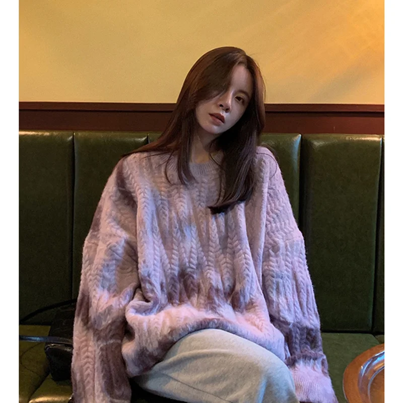 Winter Women Purple Sweater Crew Neck Twist Tie Dye Korean Fashion Lazy Wind Loose New Pullover Long Sleeves Knitting Tops