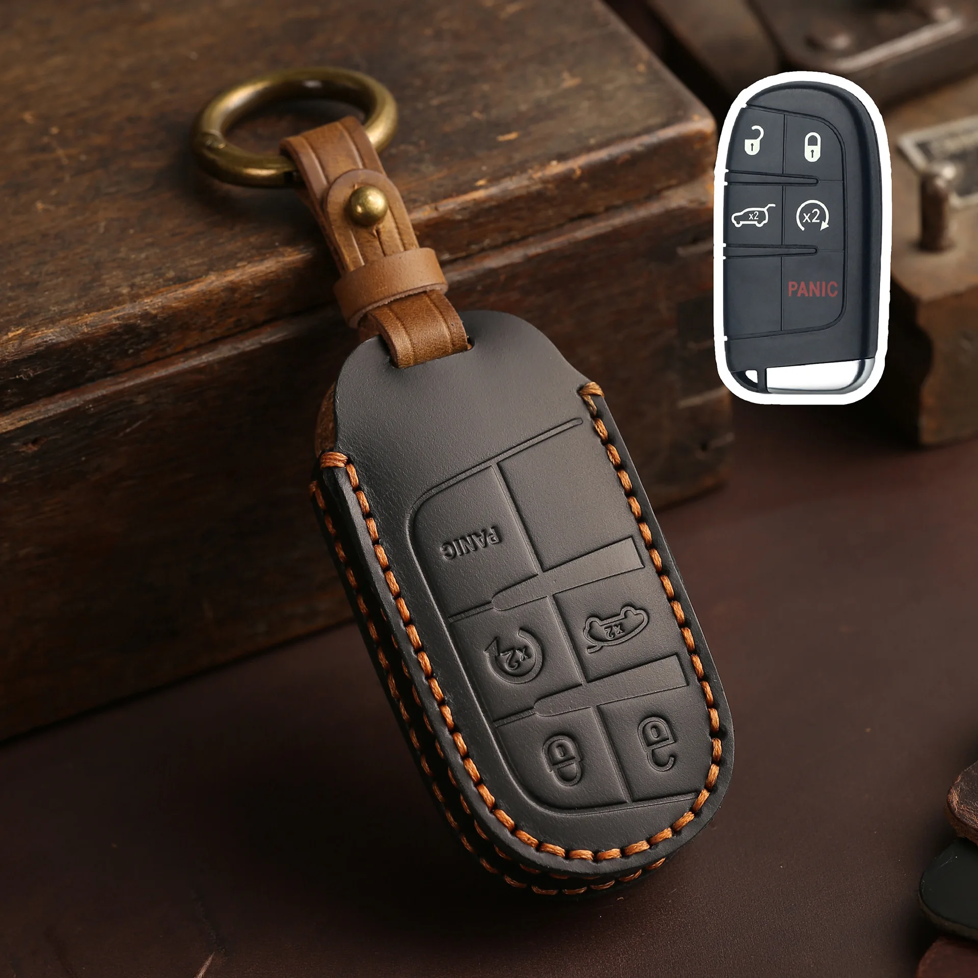 Echtes Leder Schlüsselhülle für JEEP Cherokee Grand Cherokee, Vintage Rindsleder-Etui mit Metallring, Vollständiger Schutz Anti-Kratz