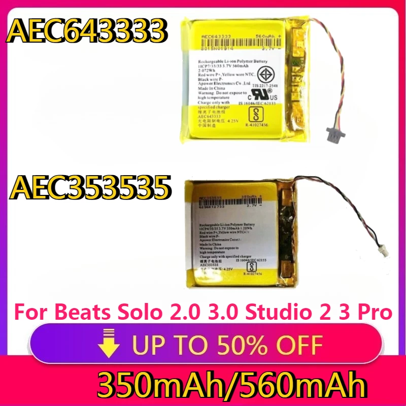 

New High Quality Replaceable AEC353535 Headset Battery AEC643333 for Beats Solo 2.0 3.0 Studio 2 3 Pro Solo2 3 Battery Wireless