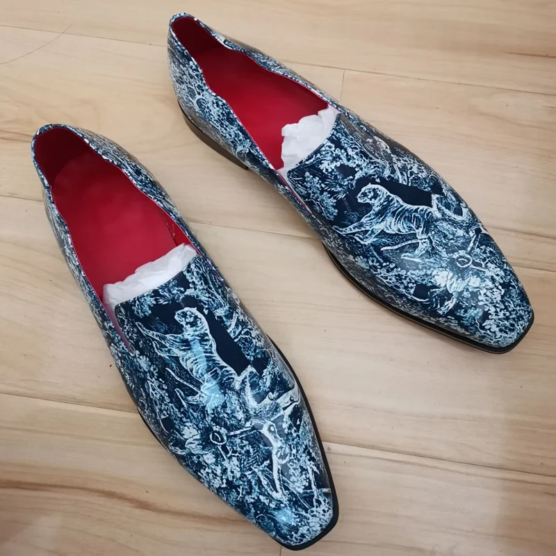 

New Fashion Tiger Print Shoes Man Patent Loafers Luxury Handmade Slip On Mens Dress Shoes Leather Casual Shoes
