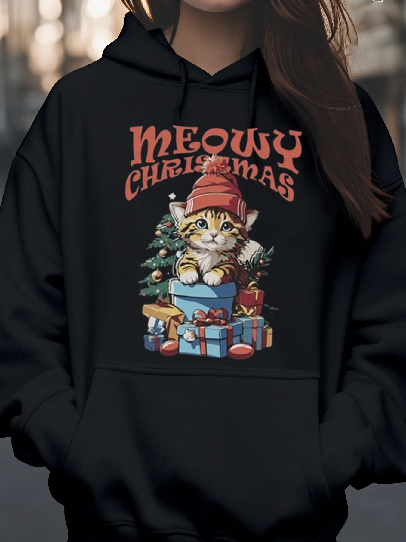 

Толстовка с принтом рождественского кота Meowy, праздничный подарок, одежда для женщин и девочек