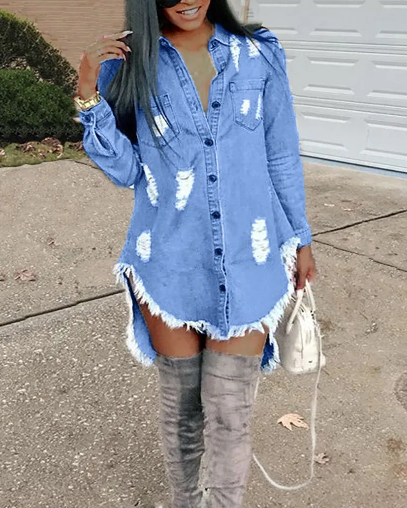 

Vintage Female Denim Mini Asymmetrical Dress Sexy Turn Down Neck Long Sleeve Ribbbed Tassel Shirt Dress Mini Blue Jean Vestido