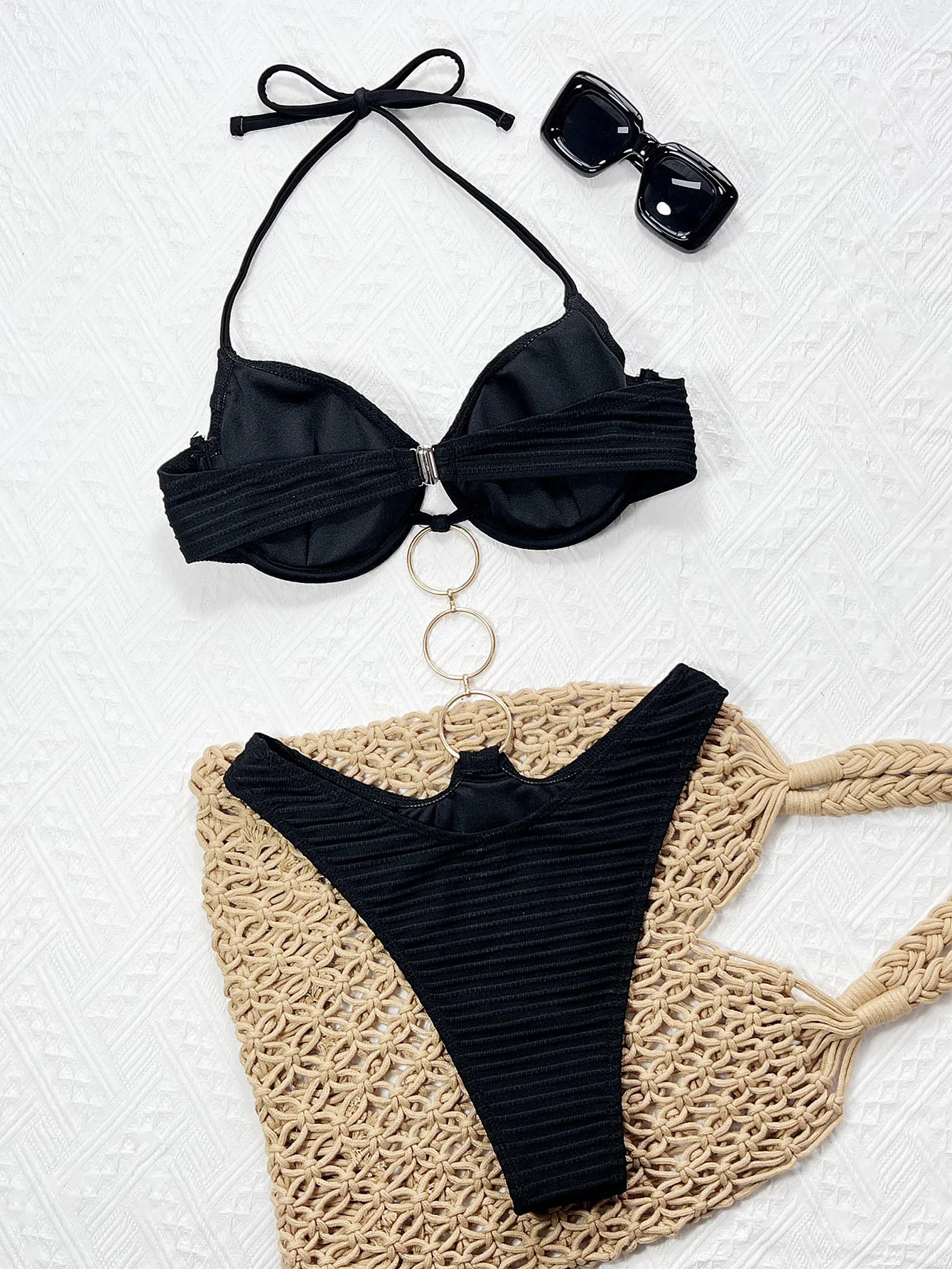 Seksowne metalowe pierścienie, czarne prążkowane stroje kąpielowe push-up, jednoczęściowe bikini, kostiumy kąpielowe, body, damskie biquini, stroje kąpielowe, tankini, trikini