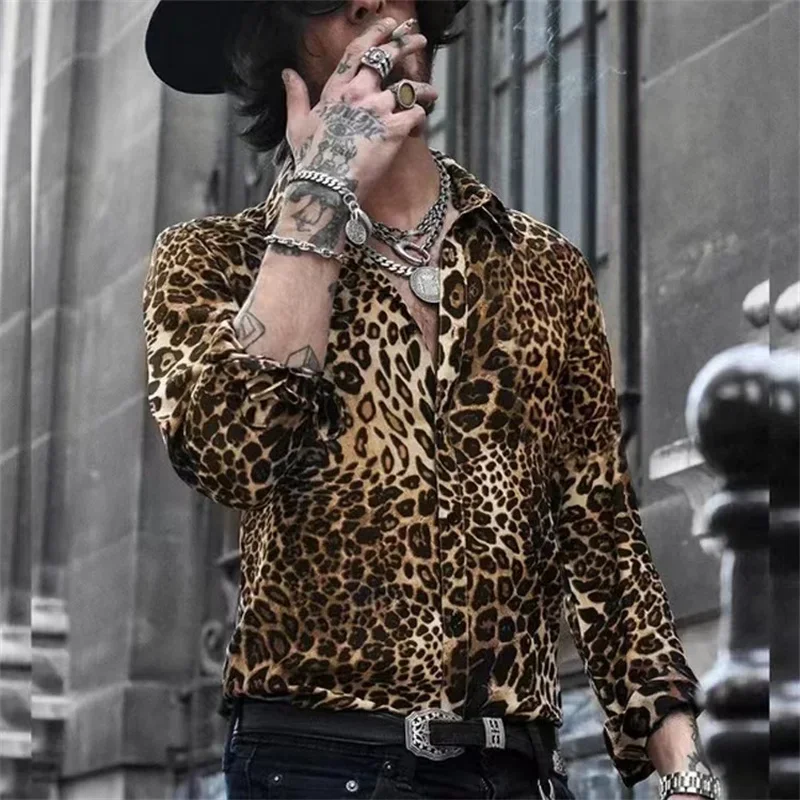 Fashion Luxury Leopard Print Men\'s Shirts Single Breasted Shirts Casual Camo Turbulence Print Long Sleeves Men\'s Hawaiian Tops