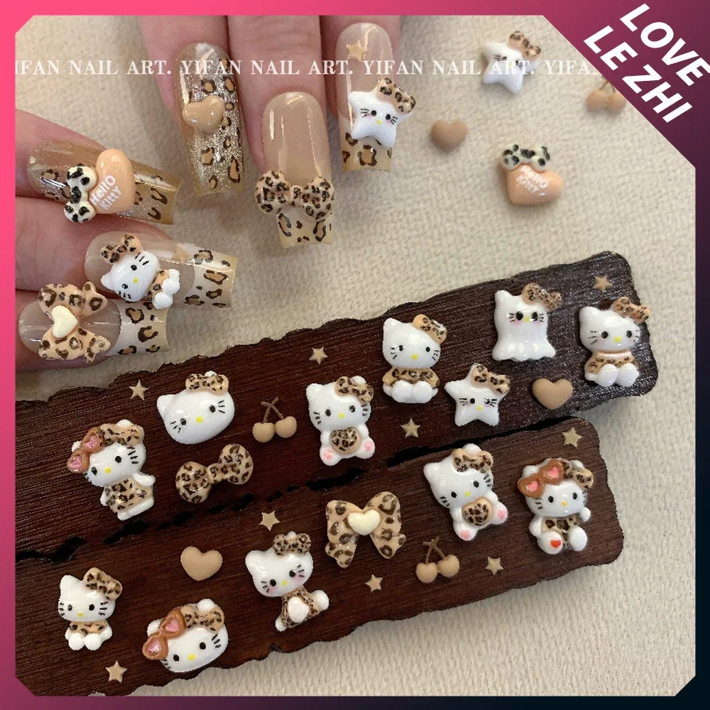 

Sanrios Hello Kitty Leopard Print Nail Art Accessories Charm 2024 Hot Sale Brown Autumn Winter Resin Bow Nails Decoration