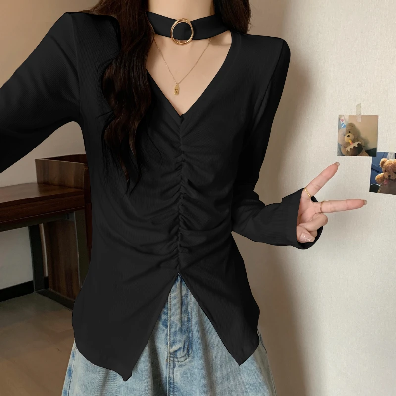 Women T-shirt Design V-neck Sweet Versatile Slim Pleated Tops Thin Long-sleeved Sweet Solid Color Blouse Female