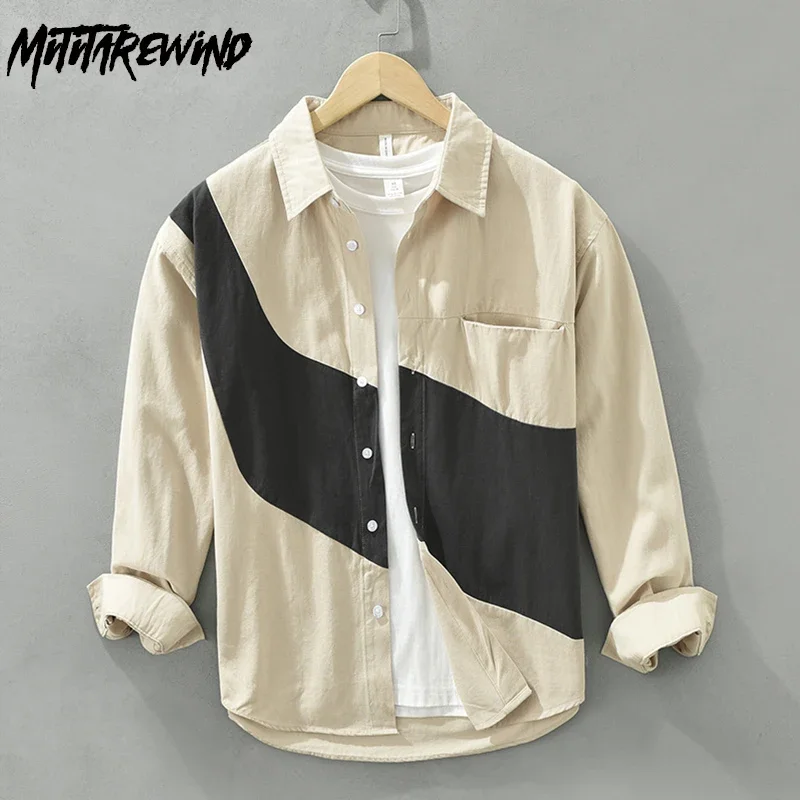 

Японские модные мужские рубашки с длинным рукавом, весенне-осенняя уличная одежда, свободные рубашки, лоскутные дизайнерские рубашки, мужские повседневные топы из чистого хлопка
