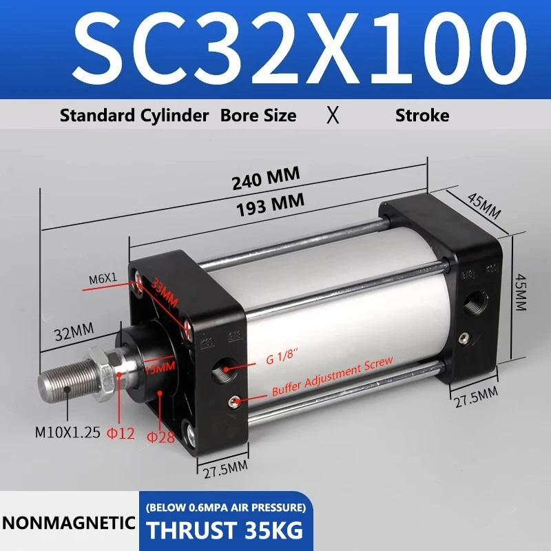

Стандартный пневматический цилиндр ABILKEEN SC32X100, диаметр отверстия 32 мм, ход X 100 мм, стандартный воздушный цилиндр двойного действия