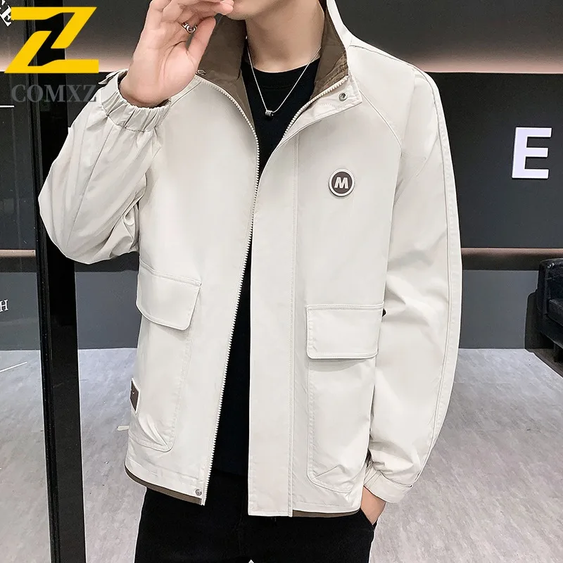 COMXZ رجل جديد ربيع الخريف طارد المياه ارتداء مقاومة الوقوف طوق فضفاضة تناسب سترة للرجال في منتصف العمر الشباب حجم كبير #3